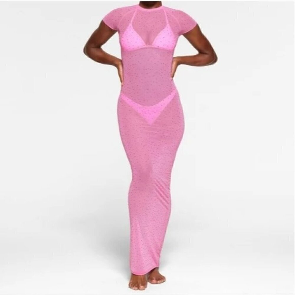 NWT SKims Taffy Pink Mesh rhinestone swim cover up maxi dress size 4X